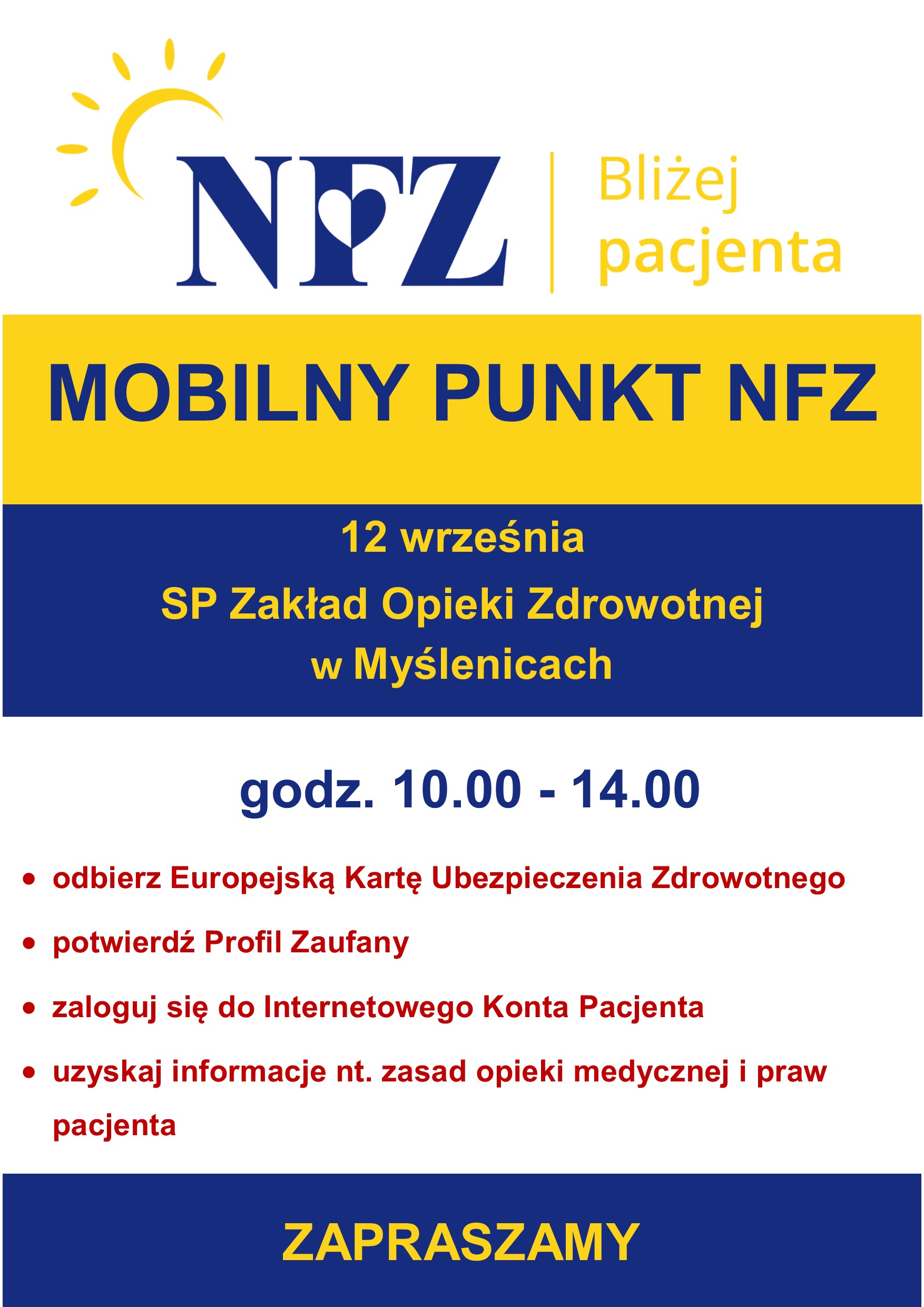Plakat informujący o Mobilnym Punkcie NFZ 12 września w SP ZOZ w Myślenicach