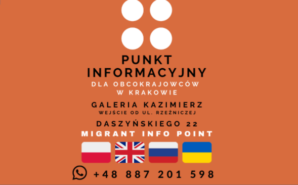 Grafika: Punkt Informacyjny dla Obcokrajowców w Krakowie, Galeria Kazimierz, wejście od ul. Rzeźniczej, ul. Daszyńskiego